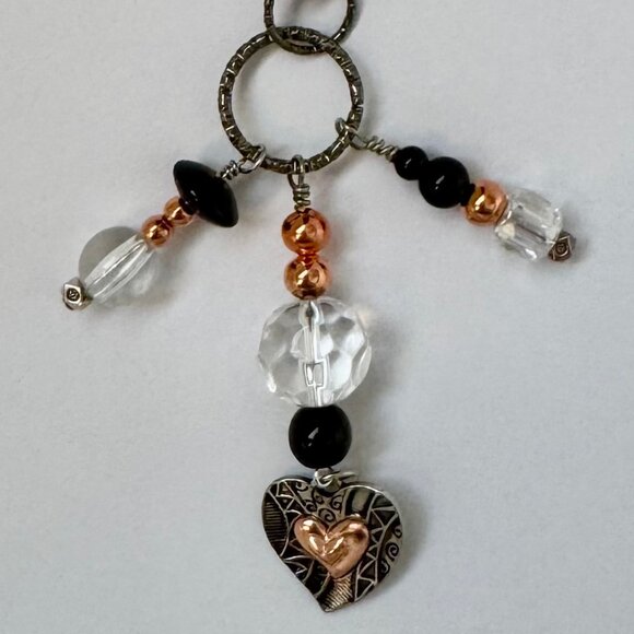 Necklace handmade 3 tier dangle silver heart copper black clear glass OOAK - Picture 4 of 6